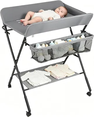 Image de Table à langer pliable - Commode pour bébé - Pour l'hygiène du bébé - Réglable en hauteur - 80 x 66 x 98 cm - Gris