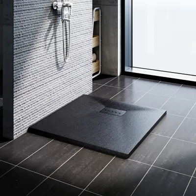 Zdjęcie produktu dla SONNI brodzik łazienkowy 80x80 cm SMC kwadratowy bardzo płaski brodzik o wyglądzie czarnego kamienia z zestawem odpływowym