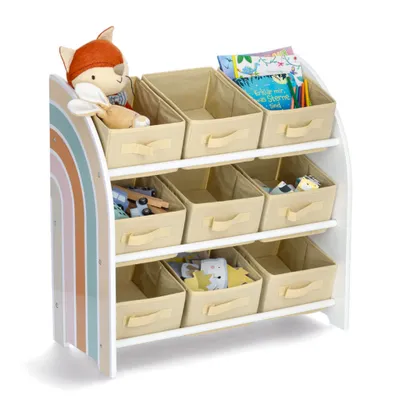 Immagine prodotto di Scaffale per bambini con 9 contenitori in MDF e pino, con motivo arcobaleno