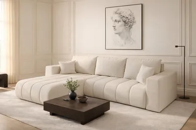 Image de Canapé d'angle avec fonction sommeil et coffre de lit MILO PREMIUM, tissu WIND, écru, gauche