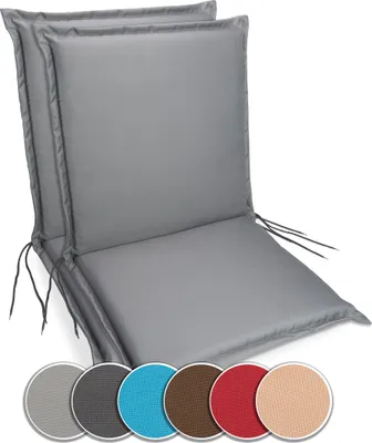 Two gray chair cushions are shown from a diagonal angle against a white background. Below the cushions, swatches of different colors are displayed.