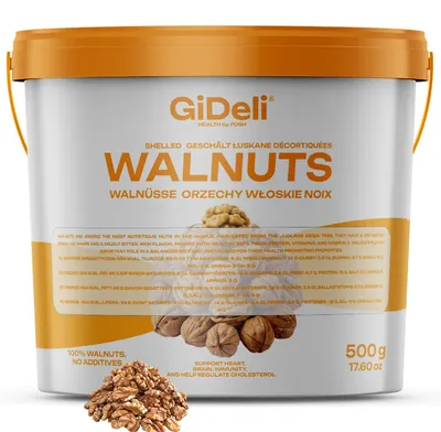 Obrázok produktu pre Vlašské orechy 500g, nesolené, v prírodnej forme, bez škrupiny, celé, obsahujú omega-3 mastné kyseliny, značka GiDeli