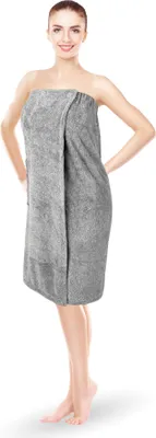 Zdjęcie produktu dla Kilt do sauny dla kobiet „Puszysty” – szary – 80 x 145 cm, rozmiar uniwersalny – ręcznik do sauny z gumką i zapięciem na guzik – ręcznik do sauny sięgający do kolan