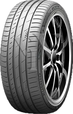 A close-up studio shot of a Kumho Ecsta PS71 SUV tire mounted on a silver and black alloy wheel.
