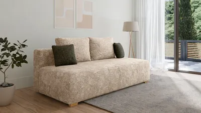 Produktbild von Schlafsofa aus Bouclé - Polstersofa, Sofa mit Schlaffunktion und Bettkasten, Polstersofa, Sofagarnitur Wohnlandschaft mit Bettfunktion, Couch für Wohnzimmer - Sofa Moss - Beige (Arena 2 + Arena 12 Kissen)