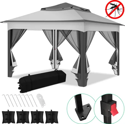 Produktbild von Bettizia Pavillon Pop-up Faltpavillon 3.3x3.3x2.7M Sonnenschirm Pavillon mit Moskitonetz inkl Tragetasche inkl Pavillon Sandsäcke UV-Schutz Doppeltes Dach mit Belüftungsloch grau