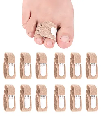 Produktbild von 12 Stück Zehenschiene aus weichem, hautfreundlichem Nylon für Hammerzehen und gekrümmte Zehen. Jede Schiene bietet gezielte Entlastung durch anatomisches Design, weiches Polster und verstellbaren Riemen zur individuellen Druckregulierung. Die Größe S passt den meisten Zehen und ist bei Bedarf zurechtschneidbar. Ideal für Alltags- und Berufsschuhe dank flachem Profil – keine Verrutschung, kein Ausbuchen. Leicht reinigbar, wiederverwendbar und besonders geeignet bei Blasen-, Hornhaut- oder Hühneraugen-Prävent, KI-generiertes Bild