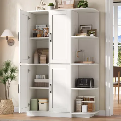 Produktbild von Merax Vitrinenschrank Hochschrank mit 4 Türen, Küchenschrank Vorratsschrank mit 4 offenen Regalfächern, verstellbare Böden, für Küche Wohnzimmer, Weiß