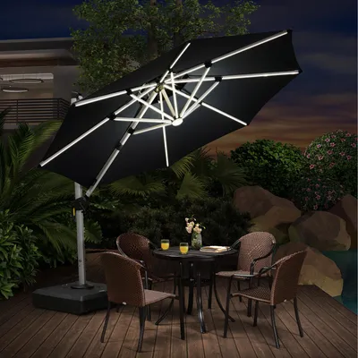 Produktbild von PURPLE LEAF Ampelschirm Sonnenschirm mit LED Solar Beleuchtung 300 cm Marktschirm Groß 360° Rotation, Balkonschirm mit Kurbel Sonnenschutz UV50+, Grau