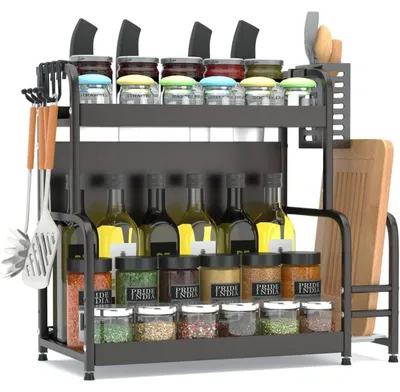 Productafbeelding van Standaard rek voor kruiden, staand, voor aanrecht in de keuken, 49x43,5x22,5 cm, staal, zwart, 2 lagen