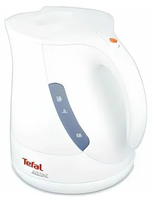 A white electric kettle with a blue water level indicator and an orange power button.