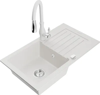 Produktbild von Mexen Pablo 1 Becken-Granitspüle mit Abtropffläche und Mischbatterie Savita, Weiß - 6510-20-672601-20
