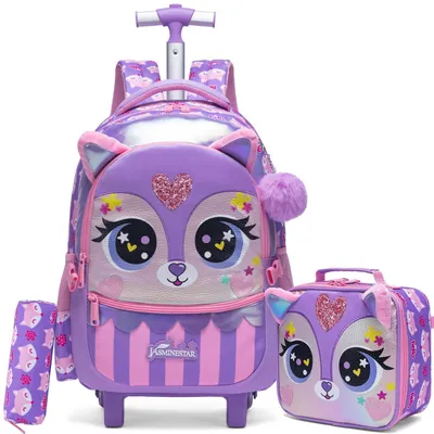 Immagine prodotto di Zaino da scuola con rotelle per bambine, classe prima, set da 3 pezzi, colore lilla