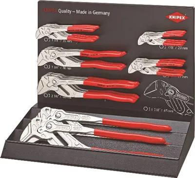 A display stand showcasing multiple Knipex pliers.