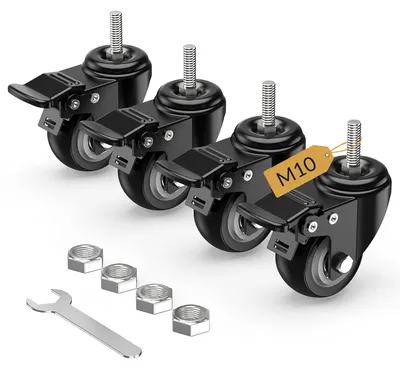 Productafbeelding van 50 mm zwenkwielen (2 inch) voor meubels, met parkeerrem, transportwielen, schroefdraad M10 x 1,5 x 25 mm (asdiameter 10 mm, aslengte 25 mm), set van 4, zwaar belastbare wielen, zwart