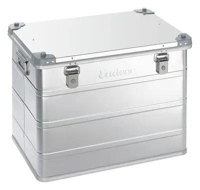 A silver aluminum storage box with gray accents and latches, shown from a slightly elevated front-left angle against a white background.