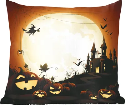 Produktbild von MuchoWow® Zierkissen Sofakissen Wohnzimmer Dekokissen 50x50 cm Eine Illustration eines Schlosses mit Hexen und Kürbissen zu Halloween - Komfort - Sofakissen