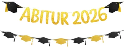 Abitur 2026 Deko-Set, Gold/Schwarz, Glitzer, 1,5 m, mit Abschlusshut