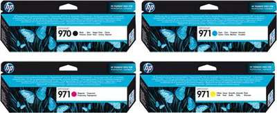 Four HP ink cartridge boxes arranged in a 2x2 grid.