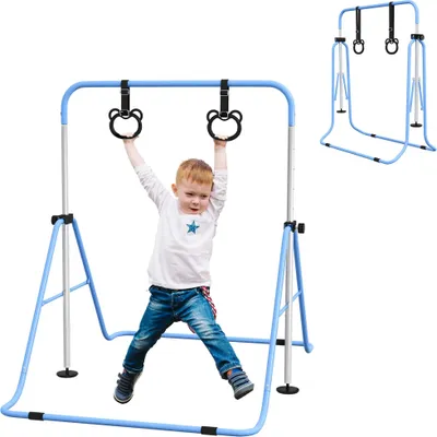 Produktbild von Turnstange für Kinder - Kippreck - Höhenverstellbar in 5 Stufen - Mit Ringen - Klappbar - Stahlrahmen - Für Zuhause - Blau