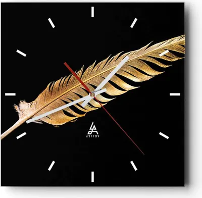Produktbild von Wanduhr - Quadrat - Glasuhr - Golden Feder Schwarz - 30x30cm - Schleichendes Uhrwerk - Lautlos - zum Aufhängen bereit - Dekoration Modern - Wanddekoration aus Glas - C3AC30x30-4887