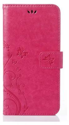 A pink flip case for an Apple iPhone 13 with a floral and butterfly embossed design.