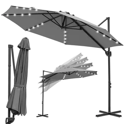 Produktbild von Vigevee Gartenschirm 3m Grau, Ampelschirm mit 28 LED, Kurbelschirm wasserabweisend, 360° drehbar & 0–60° neigbar, UV50+ wasserabweisend