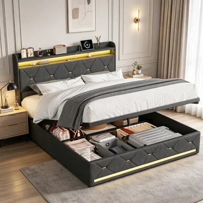 Produktbild von INONEFT Polsterbett 140x200cm, Doppelbett mit LED und USB, hydraulisches Boxspringbett mit Stauraum, Bett mit Lattenrost, Jugendbetten, Leinen, Grau