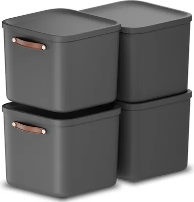 Four dark gray storage boxes stacked in two columns, with brown leather handles on the front of two boxes.
