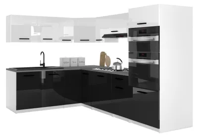 Image de Belini - Coin cuisine moderne ITALIA 8 - Meubles de cuisine 420 cm blanc-noir - Cuisine équipée avec éléments hauts, éléments bas et plans de travail