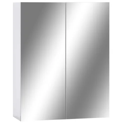 A white bathroom cabinet with mirrored doors against a white background.