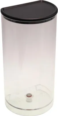 A clear plastic water tank with a black lid and a brown valve at the bottom, isolated on a white background.