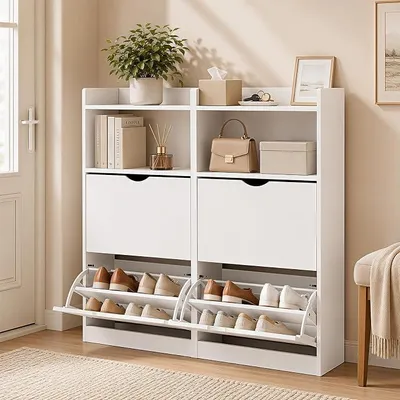 Imagen del producto de Armario estrecho 2 en 1 con 4 puertas y 2 cajones, color blanco