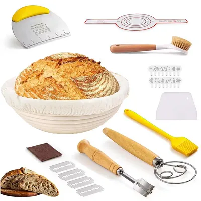Produktbild von 34-teiliges Brot Gärkorb Set – 23 cm Rundkorb, Komplettes Backzubehör, Gärkörbchen für Brot backen, Perfekt für Einsteiger