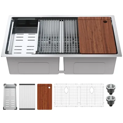 Produktbild von VEVOR 838 x 483 mm Küchenspüle Einbauspüle, Doppelbecken mit Einzelbecken & Zubehör, Waschbecken Spülbecken für Haushaltsgeschirrspüler für Arbeitsplatz, Wohnmobil, Vorbereitungsküche & Barspüle