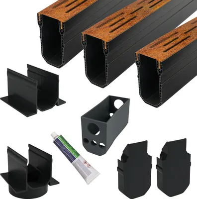 Produktbild von Schmale Entwässerungsrinne Cortenstahl 3 Meter – Komplettset
