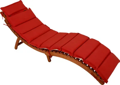 A red cushioned wooden chaise lounge on a white background.