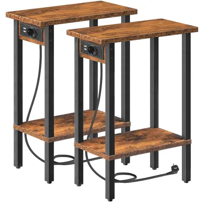 Immagine prodotto di TRANKIELO® - Tavolini laterali compatti con stazione di ricarica – Set da 2 – Ideali per piccoli spazi – Colore marrone vintage e nero