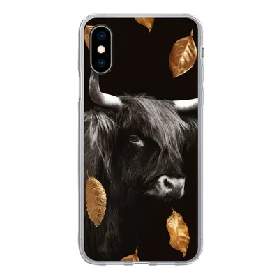 Produktbild von MuchoWow® Handyhülle Schutzhülle Hülle für iPhone X Schottischer Highlander - Blätter - Gold - Schwarz Silikon Softcase Handy Hülle - Handyhülle