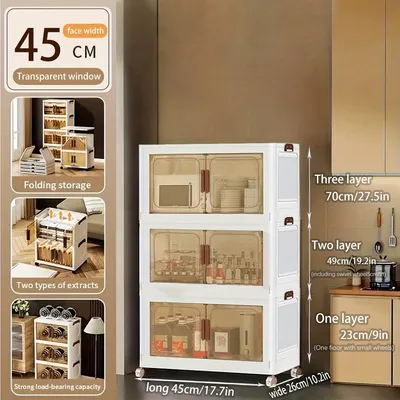 Produktbild von 3 Schichten 45cm Breite zusammenklappbare Aufbewahrung Schränke,Mit Reifen,freie Bewegung,Klappbarer Faltbarer Mehrzweck schrank aus Kunststoff.