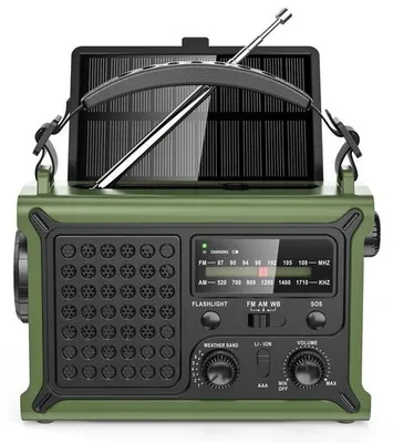 Zdjęcie produktu dla Przenośne radio awaryjne Unyqoos® z panelem słonecznym, powerbankiem 12000 mAh, latarką 3W, tunerem AM/FM, korbką ręczną, portem USB-C, funkcją SOS i obudową ABS o klasie ochrony IPX6 – idealne do campingów i aktywności na świeżym powietrzu