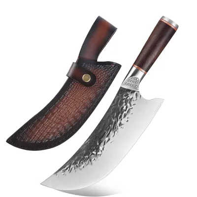 Zdjęcie produktu dla Nieco inny nóż, kuty ze stali manganowej, zakrzywiony i ostry. Siekacz, nóż rzeźniczy, a także nóż uniwersalny Full Tang Butcher Knife ze skórzanym etui
