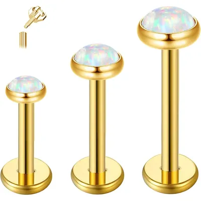 Obrázek produktu pro Titanové piercingové šrouby pro tragus, 3 kusy, 16g, 6-10 mm, zlatá barva, opálový design, hypoalergenní, s vnitřním závitem, ploché