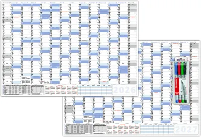 Produktbild von XXL Wandkalender DIN B1 2026 + 2027 blau, nass abwischbar inkl. Stifteset Format 100 x 70cm Jahresplaner Wandplaner gerollt Neutraler Kalender Feiertage aller Bundesländer