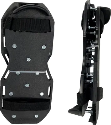 Two views of a pair of black spiked shoes, one from the top and one from the side.