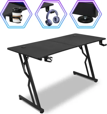 Produktbild von Faziango Gaming Tisch 140x60cm höhenverstellbar Mauspad, Headset- & Becherhalter, Kabeldurchlass