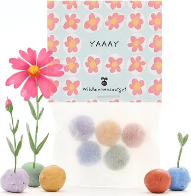 Obrázok produktu pre 5 kvetinových guličiek v sáčku – hurá! – Farebné „seedbombs“ so semenami divokých kvetov – Udržateľný nápad na darček a drobnosť, ktorá rozveselí