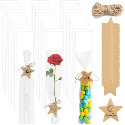 Immagine prodotto di TRANKIELO® - 200 sacchetti di cellofano trasparente, dimensioni 31 x 7 cm – 100 etichette di carta kraft – versatili per cioccolatini e candele