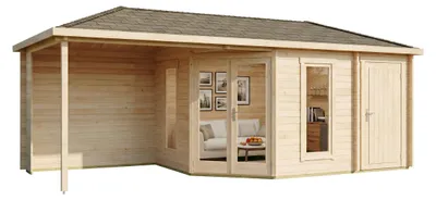 Produktbild von Alpholz 5-Eck Gartenhaus Liwa mit Anbau 728x317cm Natur 28mm Wandstärke