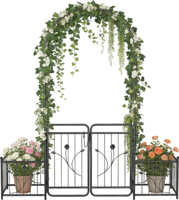 Productafbeelding van YRHome zwarte tuinpoortboog met zijframes en bloembakken, metalen boog, klimboog, tuinboog, entreeboog, rozenboog, tuindecoratie